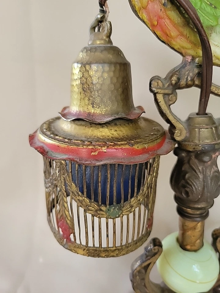Antique Art Deco Metal Painted Cast Iron Parrot W/ Lantern Lamp W/uranium Green  - Image 2 of 4