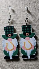 Wooden St. Patrick's Gnome Dangle Earrings Hook Silicone Back TB83