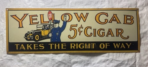 VINTAGE YELLOW CAB 5 CENT CIGAR POLICEMAN AUTOMOBILE 18" METAL GASOLINE OIL SIGN