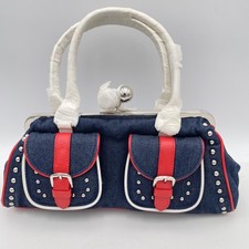euroWellness Denim Satchel Handbag Studded Kiss Lock Top Handle Blue Red White