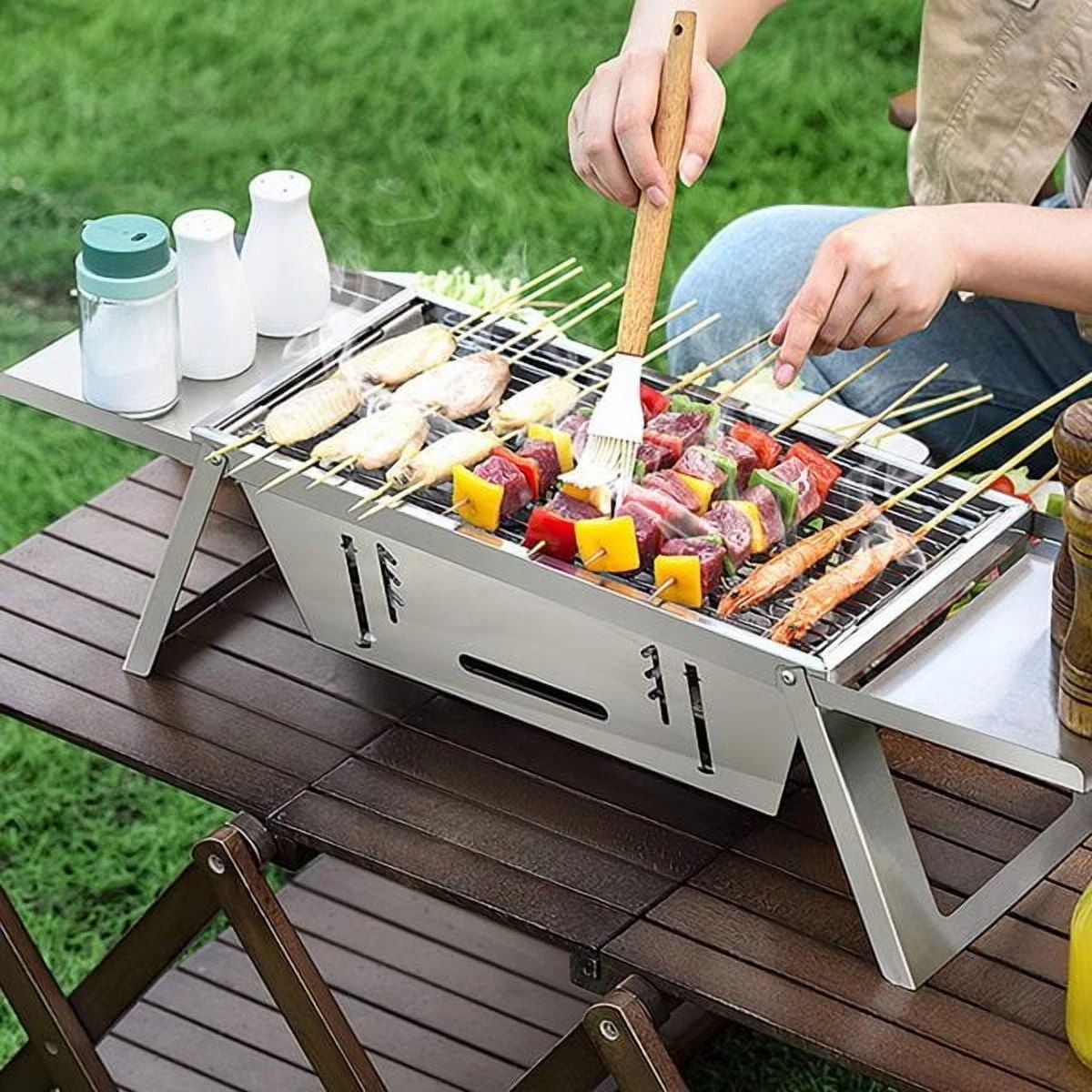 Foldable Charcoal BBQ Grill Stainless Steel Grill Net Easy Setup Portable
