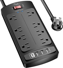 Surge Protector Power Strip - Flat Plug Extension Cord with 8 Outlets and 4 USB