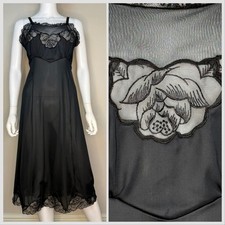 Vintage 1950s Black Floral Lace Full Slip 50s Wonder Maid Empire Collection Rose