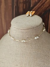 Sarah Cov Signed Set Twirling Faux Pearl Necklace Clip On Eearings Gold Tone Vtg