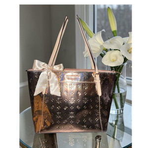 Michael Kors Rose Gold Metallic Monogram Zip Tote w/ Bow & Pockets
