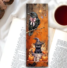 Cute Cat Laminated Bookmark -  6x2 Fall Witch Themed,  Unique  Gift For Readers