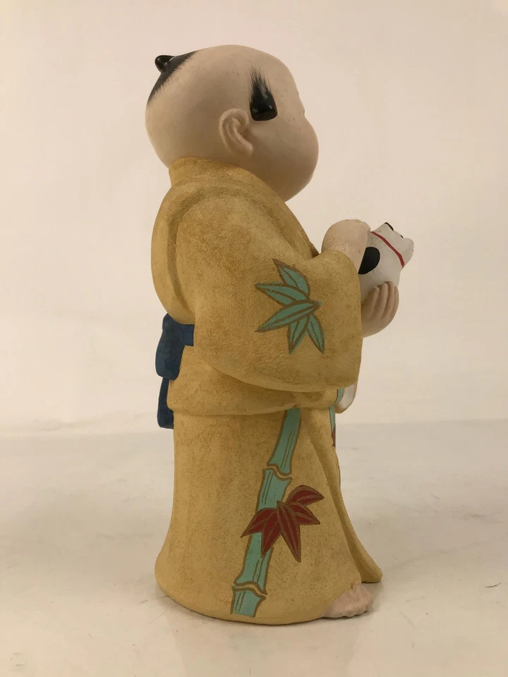 Japanese Man Petting Dog Clay Doll Vtg Ningyo Figurine Kimono Yellow ST43 - Image 3 of 4