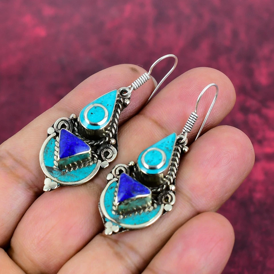 Turquoise Lapis lazuli Earrings Tibetan 925 Sterling Silver Handmade Jewelry - Image 4 of 4