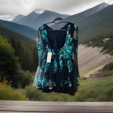 MNM Couture Black Teal Floral Lace
