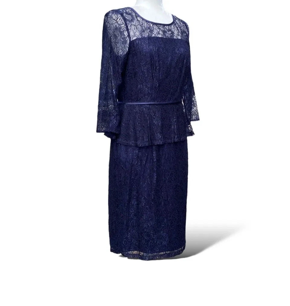 Vestido Peplum Talla 6 Azul Marino Encaje por Adrianna Papell Boda Crucero Nuevo con Etiquetas