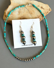 Native-Made Sterling Kingman Turquoise Heishi Navajo Pearl Necklace & Earrings