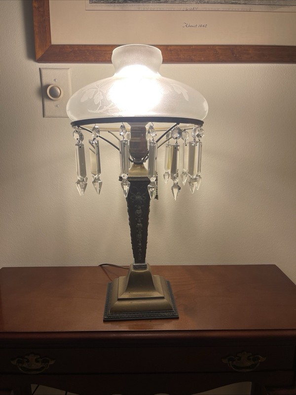 Hollywood Regency Brass Base Frosted Hurricane Shade Antique Table Lamp Crystals