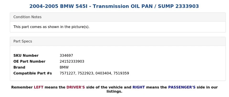 2004-2005 BMW 545I — масляный поддон/отстойник коробки передач 2333903 - Изображение 4 из 4