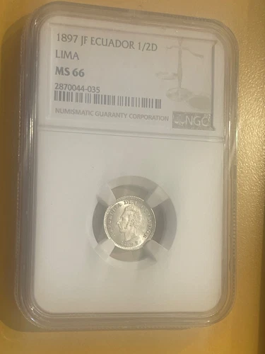 ECUADOR 1/2 DECIMO 1897 JF LIMA NGC MS 66 KM 55.1 TIED FOR HIGHEST GRADE