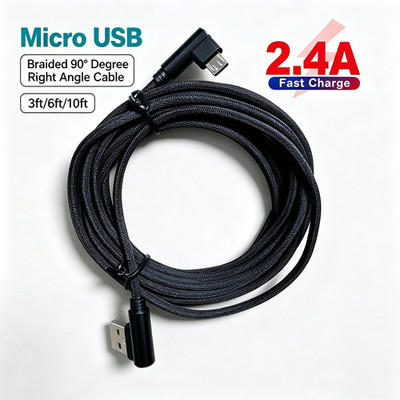 3/6/10Ft Braided 90 Degree Angle Micro USB Cord Fast Data Charging Android Cable