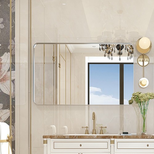 30x20 Inch Glossy Brushed Silver Rectangle Bathroom Mirror with Rounded Corners - Picture 4 of 15