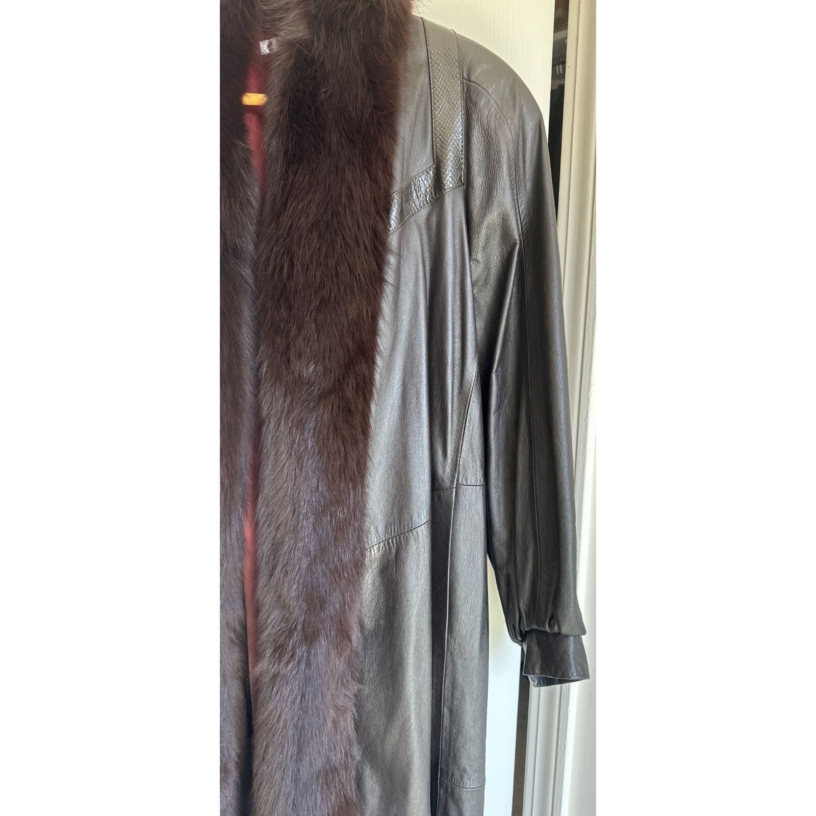 Leather Maxi Coat Chocolate Brown Genuine Fox Collar Size Large Fully Lined Vtg image 2