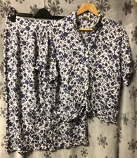 Vintage Asda blau weiß Blumen Sommer langer Rock & Top Outfit Set Größe 18 L@@K