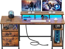 61" Computer Desk with Power Outlet and LED Lights, Desk with Fabric File Cabine