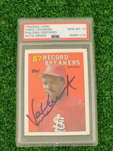 1988 Topps Baseball Card 87 Record Breakers Vince Coleman PSA Auto GEM MT 10
