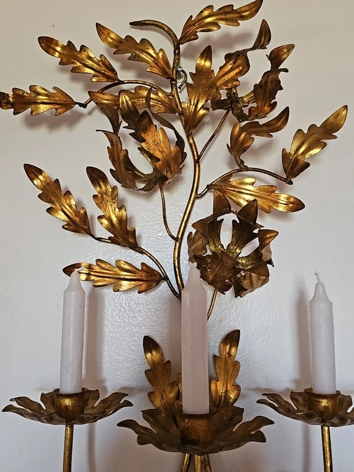 PAIR OF ITALIAN TOLE GILT WALL SCONCES HOLLYWOOD REGENCY MID-CENTURY 1960'S - Image 3 of 4