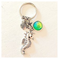 Ocean Inspired Seahorse  Sea Green Mermaid Tail Silver Keychain Gift