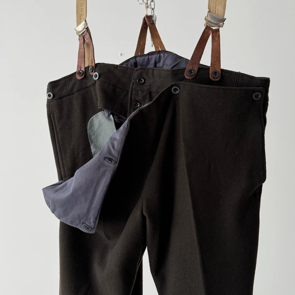Vintage 50s European Workwear Rancho Suspender Brown Heavy Wool Pants Big Size - Image 2 of 4