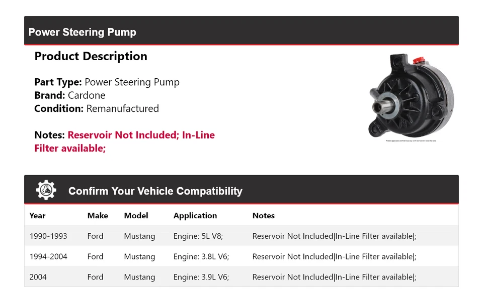 Bomba de dirección asistida Cardone para Ford Mustang 1990-2004 1991 1992 1993 1994 1995 Foto 2 de 4