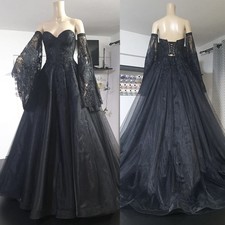 Sweetheart Gothic Black Wedding Dresses with Detachable Train Tulle Bridal Gowns