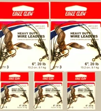 Eagle Claw FISHING 15 Black Nylon Wire Leaders 6" 20lb TEST, 3 to a pkg = 5 Pack