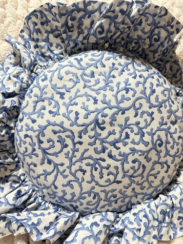 Small Round Blue/White Abstract Swirl Print Ruffled Decorative Throw Pillow - Picture 2 of 4