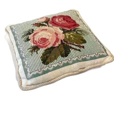 Handmade Petite Point X-Stitch Pillow Roses Pink Green Square Elizabeth Bradley