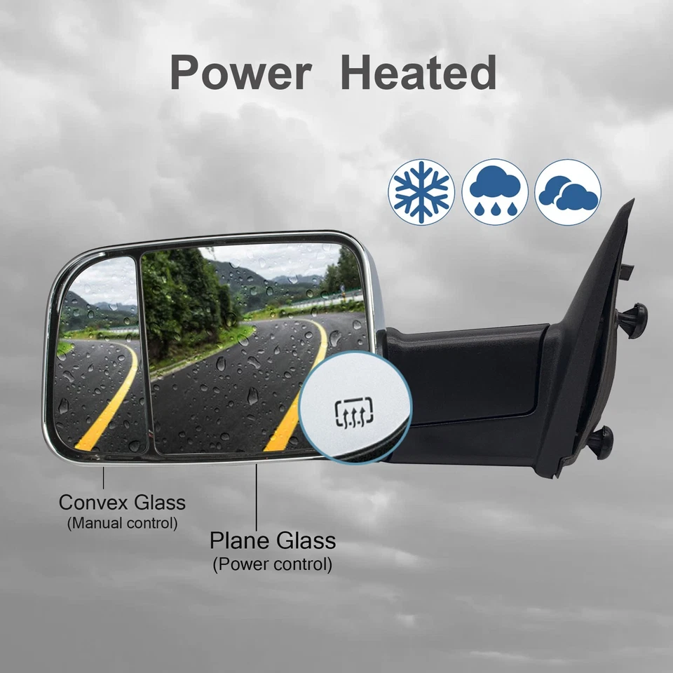 Towing Mirrors Fit 2015 2016 2017 2018 Ram 1500 2500 Power Heated Sensor Chrome - Image 3 of 4