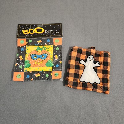 Vintage Halloween Puffy Potholder Pumpkin Ghost Patchwork Checkerboard Lot of 2