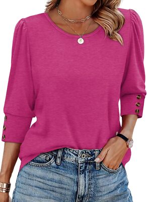 Womens 3/4 Sleeve Tops with Buttons Loose Fit Blouses Dressy Casual Plus Size