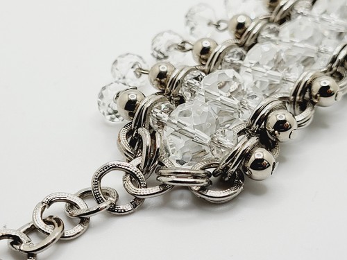 Chunky Edwardian Styled Crystal Glass Beaded Bracelet Silver Tone 1.75" X 7.25" - Picture 6 of 9