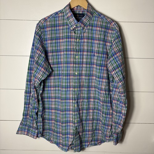 Camicia Ralph Lauren uomo grande blu verde a quadri vestibilità classica manica lunga elasticizzata - Foto 11 di 15
