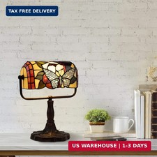 Tiffany Style Bankers Lamp-Stained Glass Butterfly Design Table or Desk Light LE