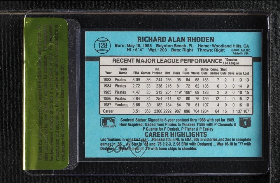 BAS 1988 Donruss Rick Rhoden #128 Beckett Auth Sticker Auto - Image 2 of 2