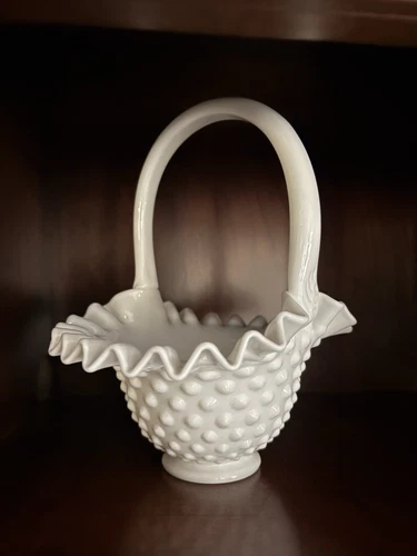 Vintage Fenton White Hobnail Milk Glass Basket With Ruffled Rim Applied Handle