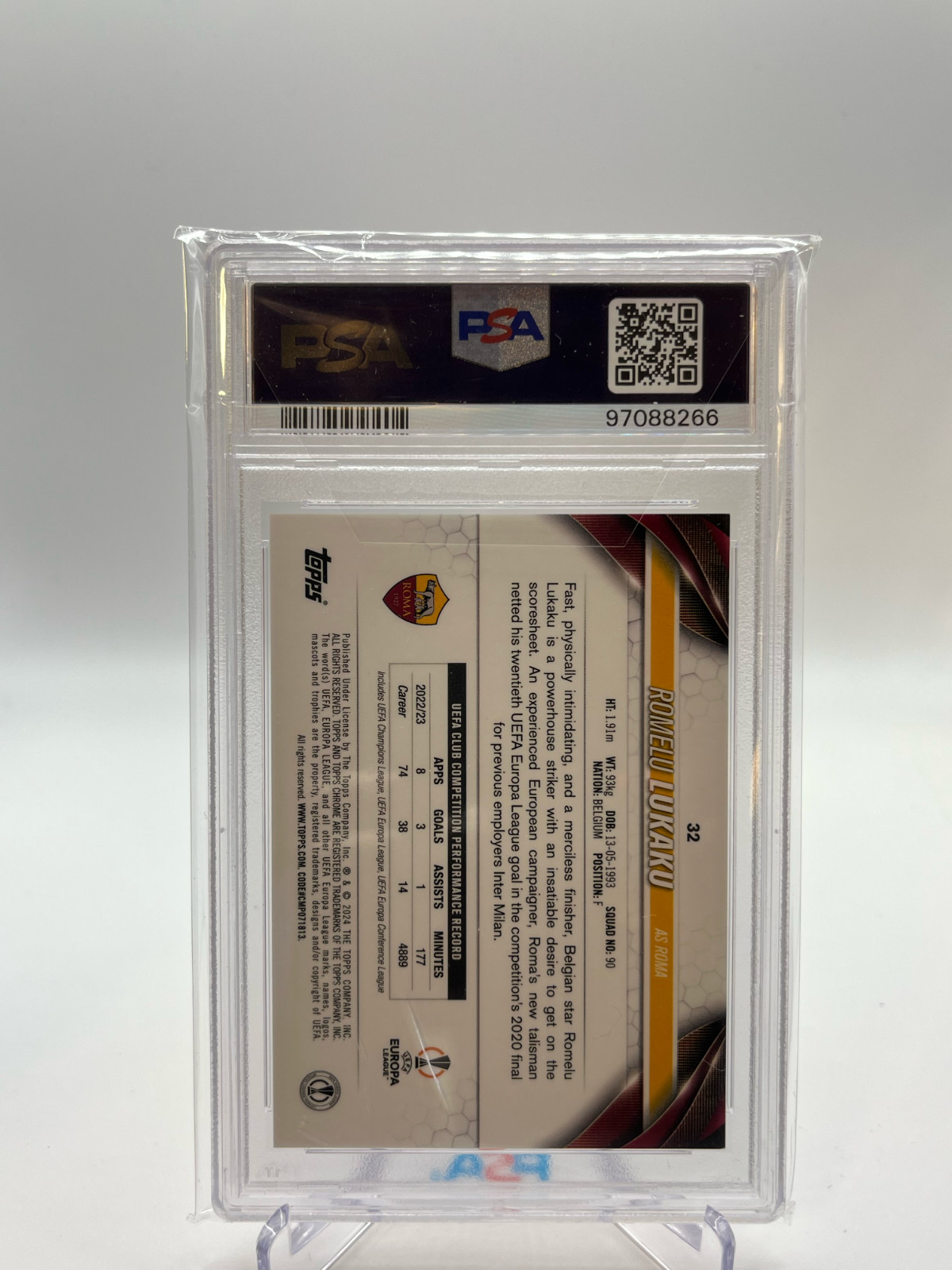 2023-24 TOPPS CHROME SAPPHIRE UEFA UCC #32 ROMELU LUKAKU RED /5 PSA 9 view 2