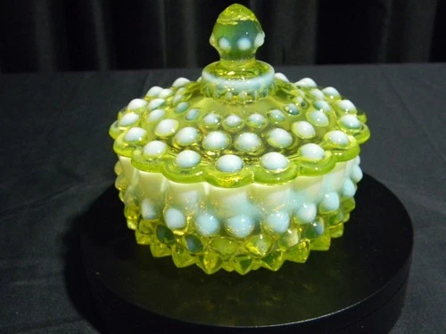 RARE FENTON CANARY YELLOW VASELINE HOBNAIL OPALESCENT SCALLOP TOP CANDY DSH 5.5"