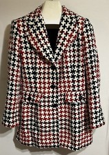 Vintage Office Preppy Black Red White Plaid HoundsTooth Padded Shoulder Blazer F