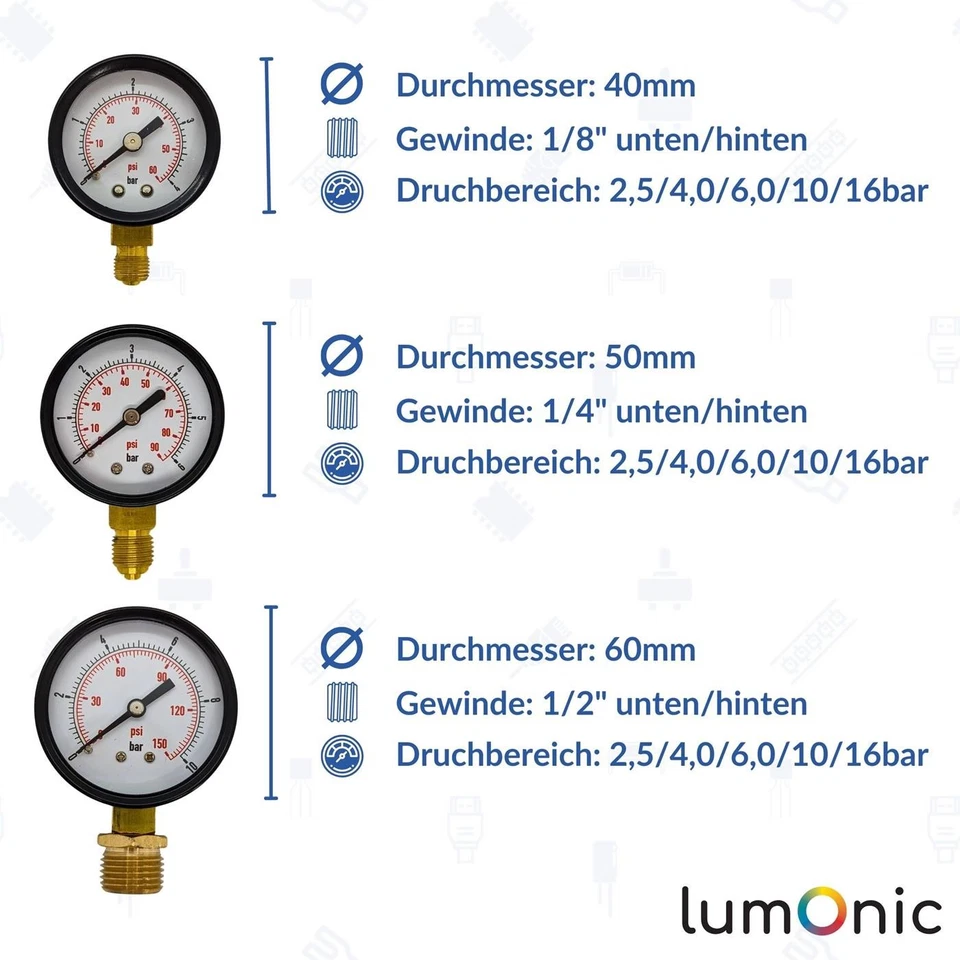 Manometer 0-16bar 1/8-1/2 Zoll Klasse 2,5 Anschluss hinten/unten Durchmesser 40m - Bild 2 von 4