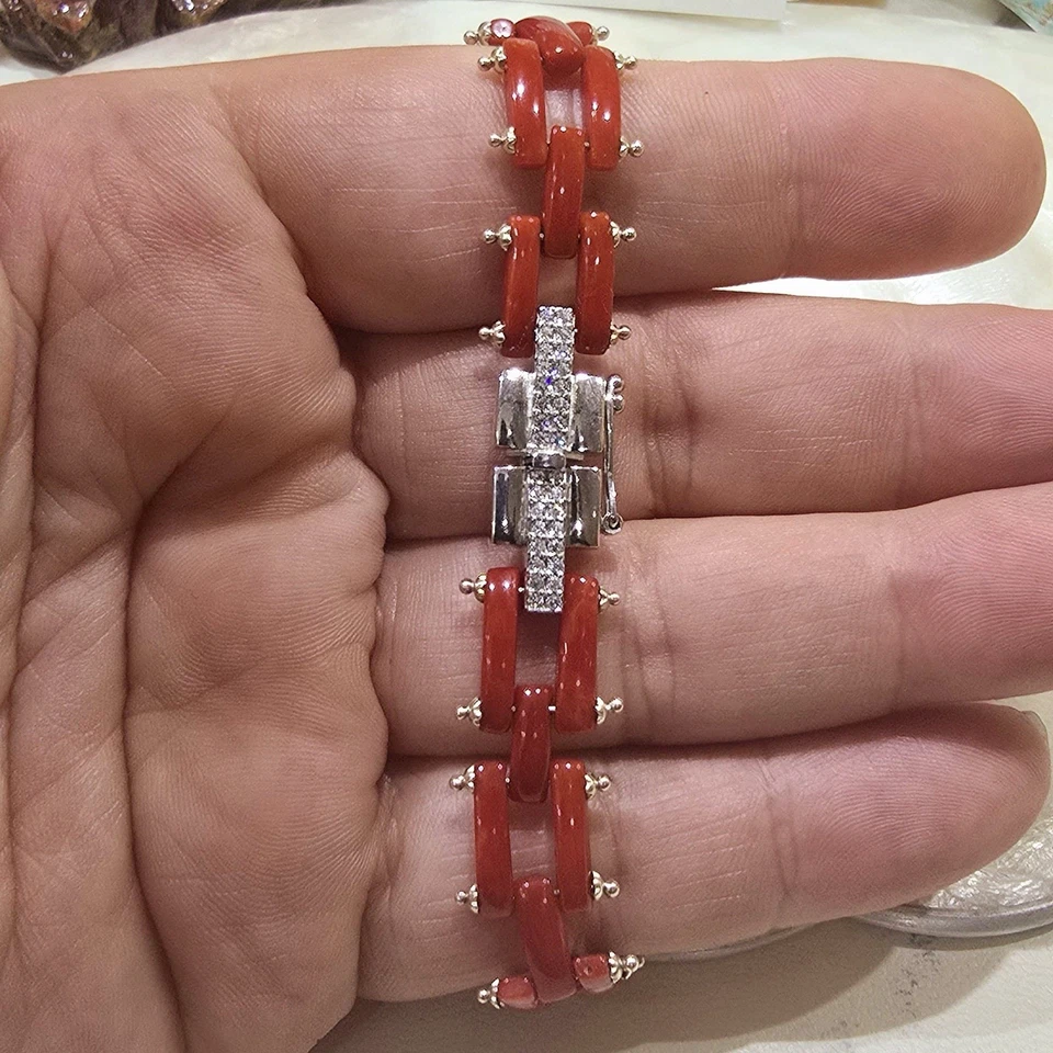 Bracciale corallo rosso naturale argento 925 zirconi fatto a mano italiano - Immagine 4 di 4
