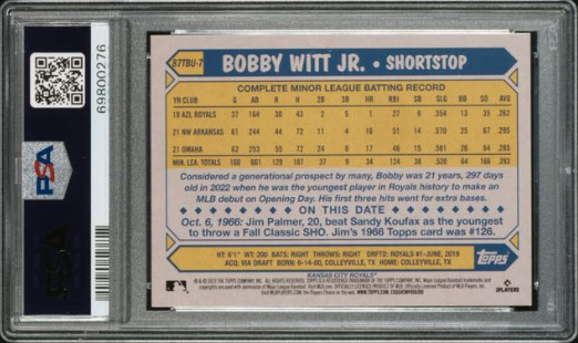 Bobby Witt Jr 2022 Topps Update 1987 Topps Rookie Card RC #87TBU7 Mint PSA 9 KC view 2