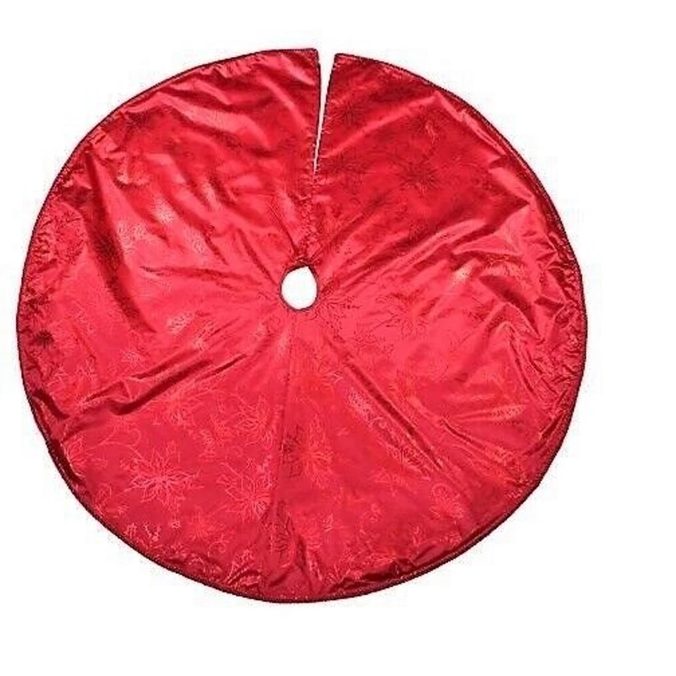 Holiday Time 48" Lámina Roja Poinsettia Cuerda Roja Borde Árbol de Navidad Falda - Nueva Foto 4 de 4