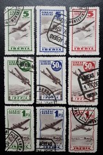 HISZPAŃSKIE ZNACZKI FUNDUSZU KOPCIUSZKA 1945, LINIE LOTNICZE IBERIA, PEŁNY UŻYWANY ZESTAW