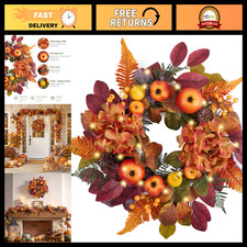 18'' Fall Wreath with Lights, Pomegranate Accents - Autumn Decor for Front Door