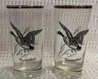 2 Vintage Silver Rimmed Federal Glass Birds Tumblers Drinking Glasses 12 oz